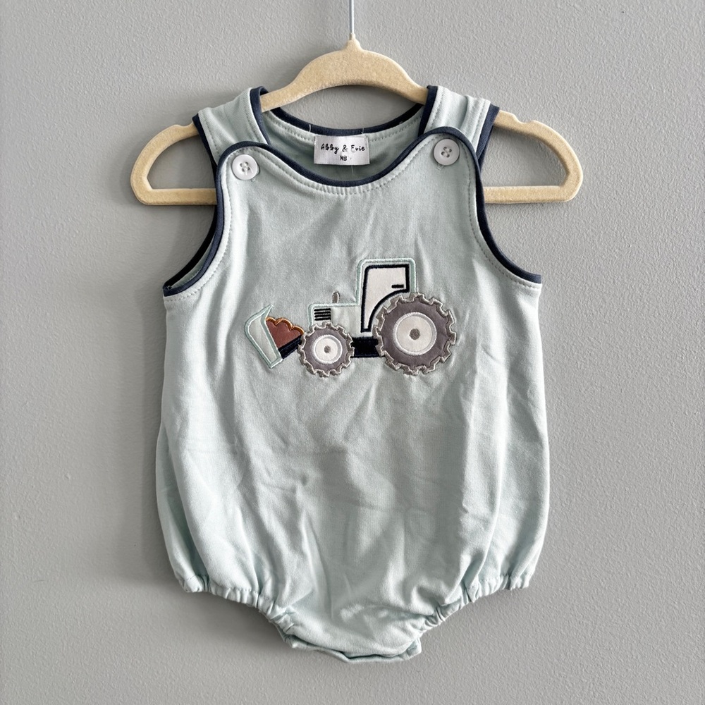 Abby & Evie Tractor Applique Bubble Romper NWT NB